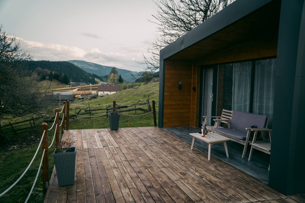 A beautiful modern terrace overlooking the scenic mountains in Fundata, Romania.